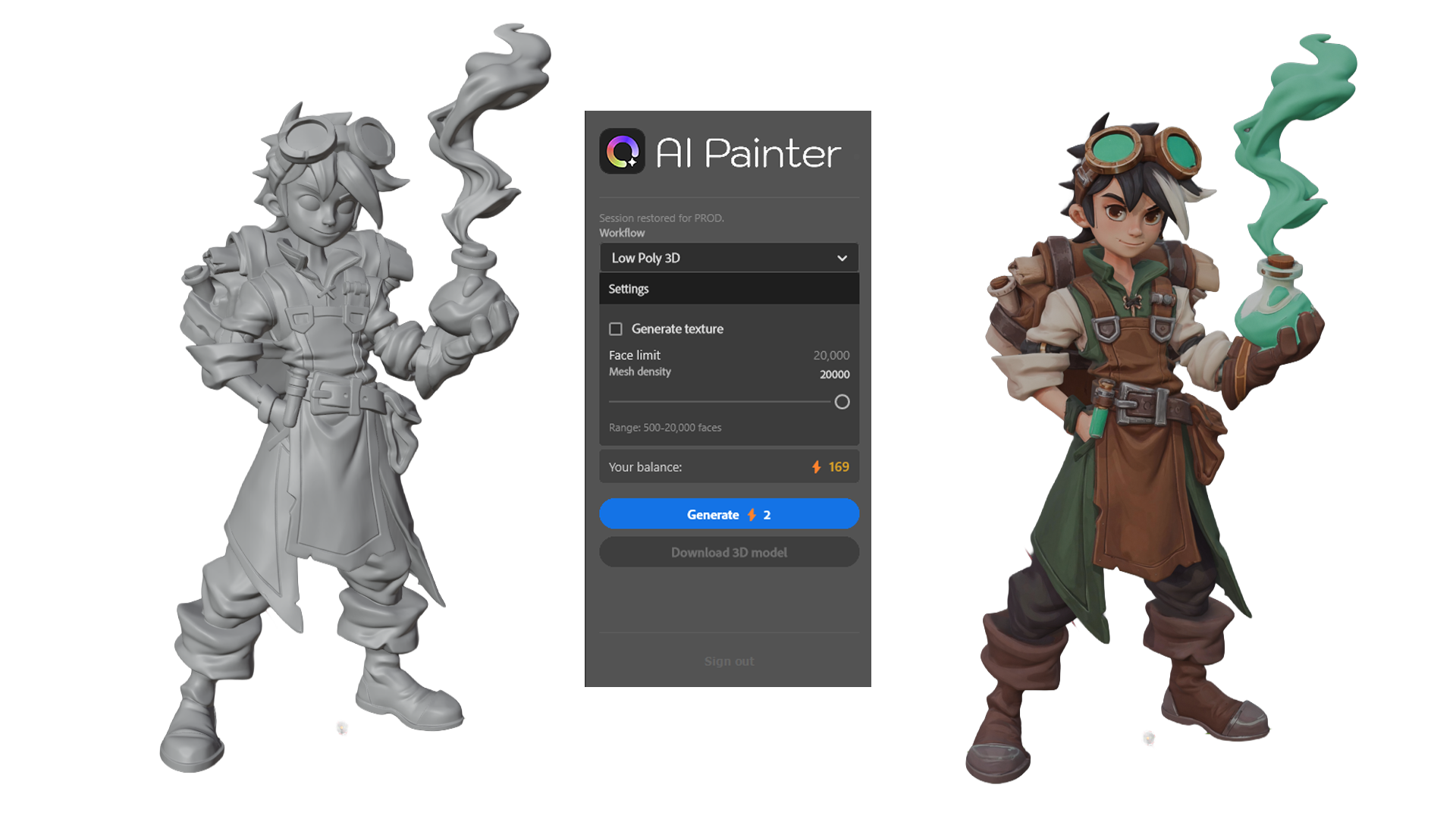 AiPainter creates high-poly and low-poly 3D model outputs